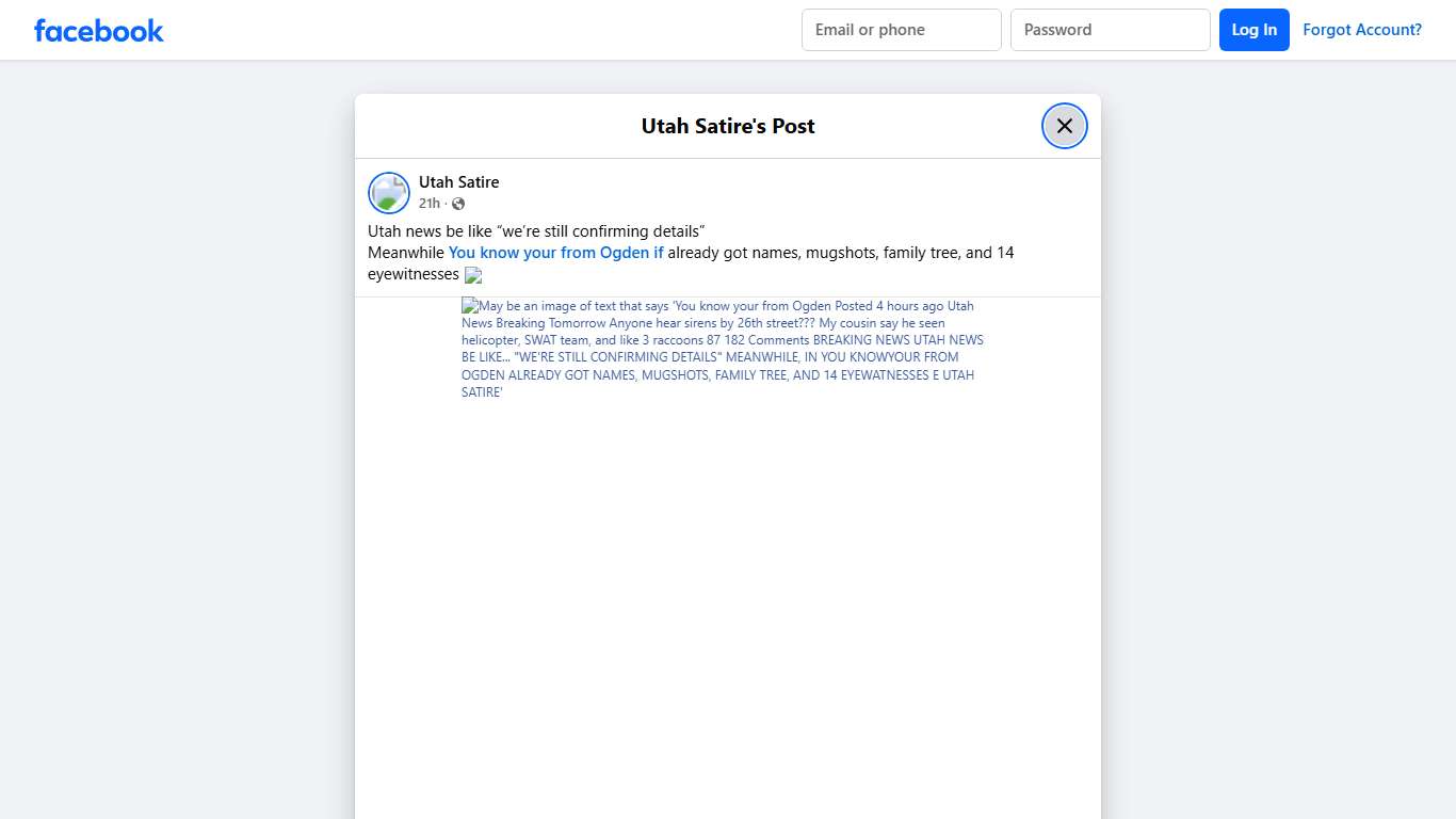Utah Satire - Utah news be like “we’re still confirming... Facebook